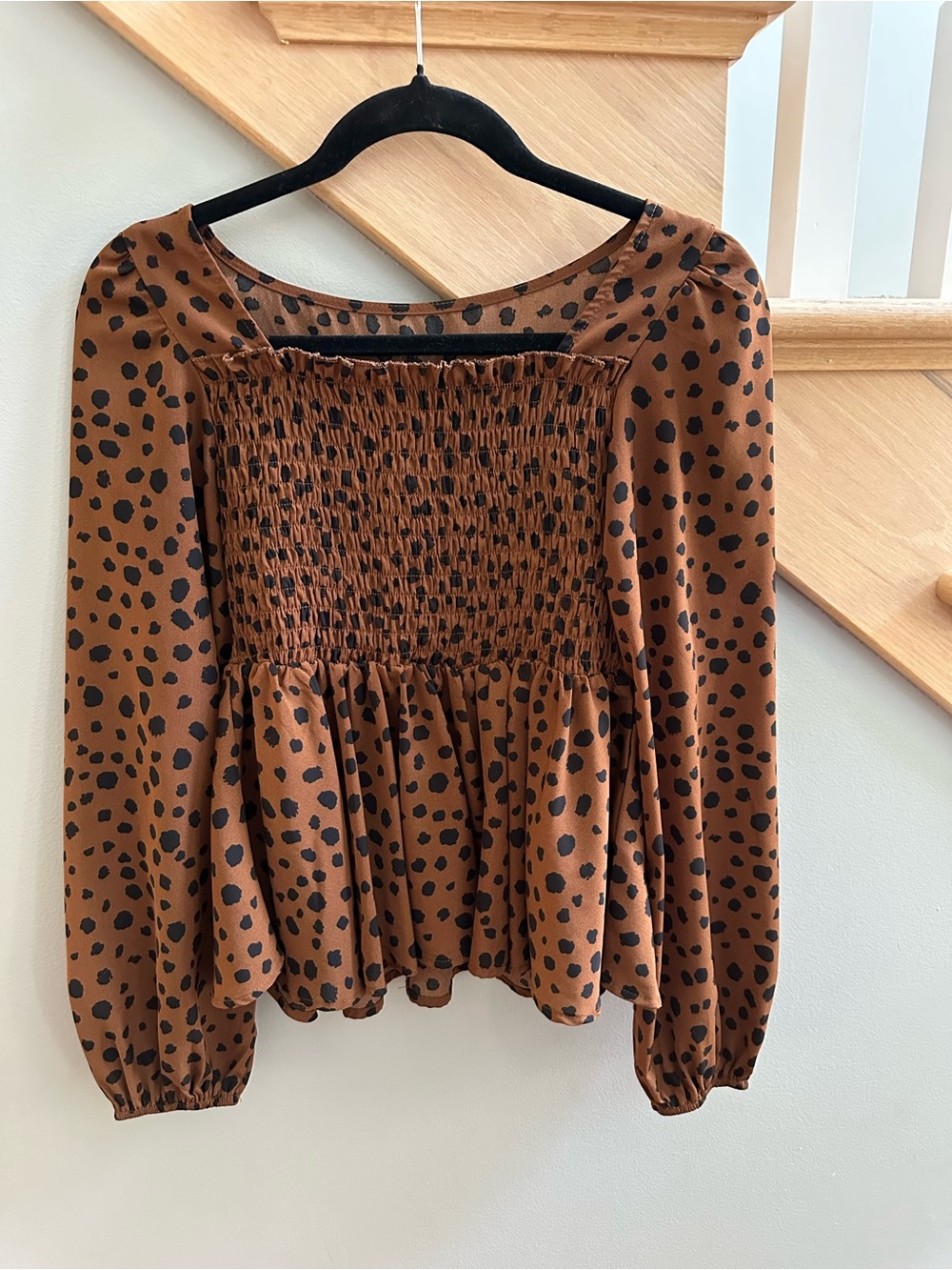 Smocked Square-Neck Peplum Blouse - Brown/Black